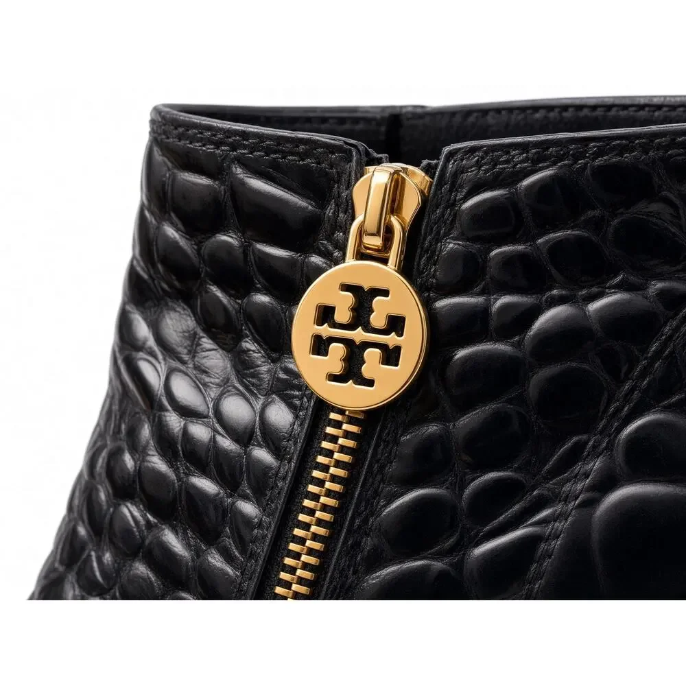 Tory Burch Black Croc Embossed Patent Platform Ankle Boots Size 6.5 Gold Logo